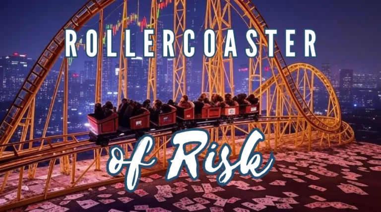 Illustration of the high-risk stock market as a roller coaster and casino game, featuring stock charts, casino symbols, and a roller coaster track, symbolizing the volatile nature of investing in risky stocks