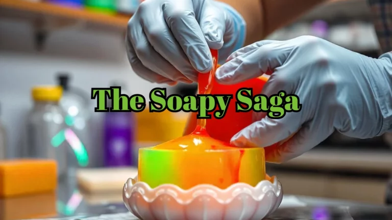 A close-up shot of a person's hands in protective gloves carefully pouring vibrant, colorful liquid soap into a decorative mold, with a blurred background of a well-lit, organized soap-making workspace, in a photorealistic style, high quality.