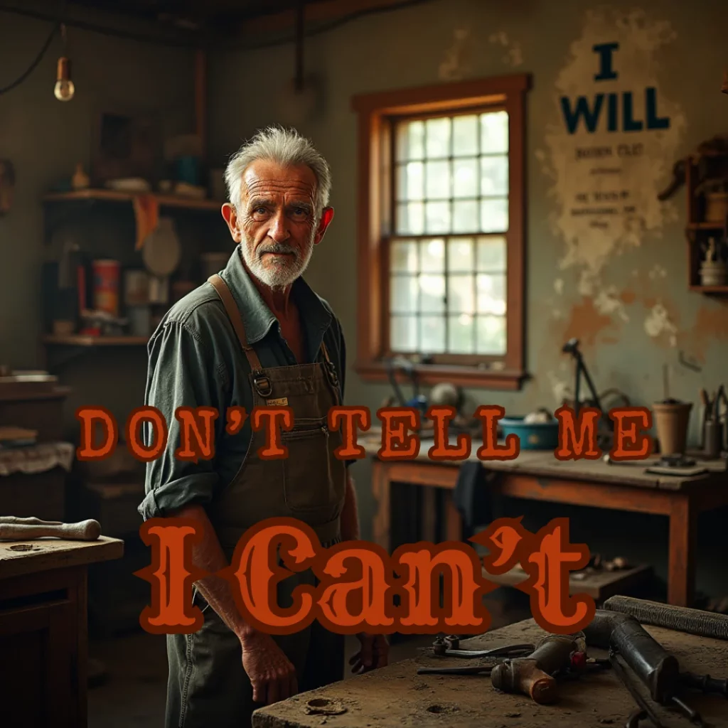 An elderly craftsman stands steadfast in a cluttered workshop, warm light filtering through dusty windows, surrounded by gleaming tools. The proud expression and wrinkles tell a tale of resilience. Bold "I Will" adorns the wall, vibrant against faded colors.