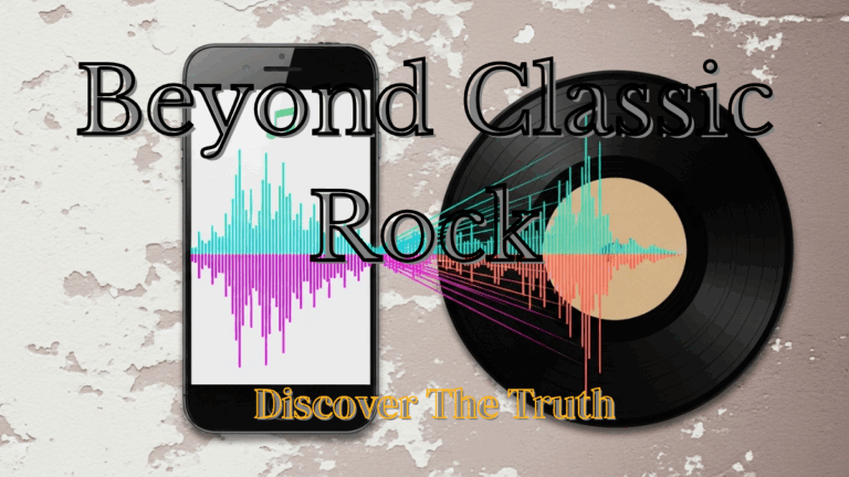 A smartphone displaying colorful audio waveforms that transition into a vinyl record, overlaid with the text “Beyond Classic Rock” and “Discover The Truth.”
