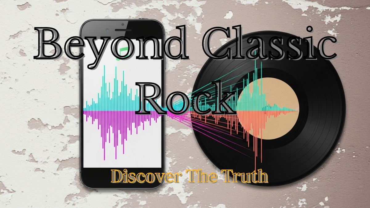 A smartphone displaying colorful audio waveforms that transition into a vinyl record, overlaid with the text “Beyond Classic Rock” and “Discover The Truth.”