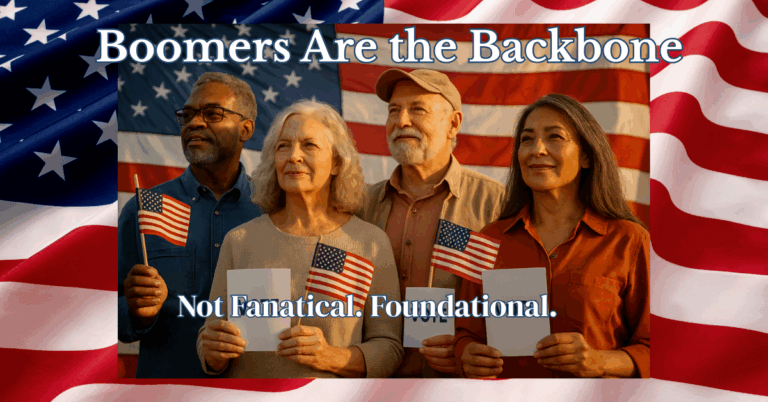Boomers Aren’t Fanatics—They’re The Backbone 1 A diverse group of Baby Boomers holding American flags and voter cards stands in front of a large American flag backdrop, symbolizing patriotism, civic responsibility, and the foundational role of Boomers in American democracy.