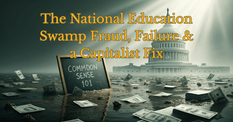 The National Education Swamp: $20 Billion Fraud & Failing Schools Demand a Capitalist Reboot 1 The U.S. Capitol dome sinking into a swamp of money and broken school desks, symbolizing corruption and failure in America’s education system.