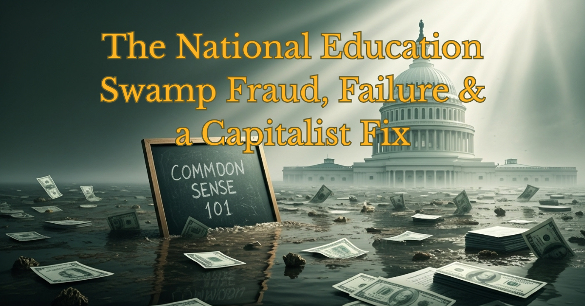 The U.S. Capitol dome sinking into a swamp of money and broken school desks, symbolizing corruption and failure in America’s education system.