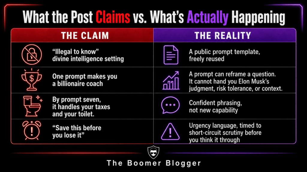 ChatGPT Talks Like God - Scripts For Sale 2 Infographic titled “What the Post Claims vs. What’s Actually Happening” comparing four AI hype claims with reality: a supposed secret intelligence setting is a reused prompt template; one prompt cannot create billionaire-level judgment; confident phrasing is not new capability; and “save this before you lose it” is urgency designed to discourage scrutiny. Branded “The Boomer Blogger.”