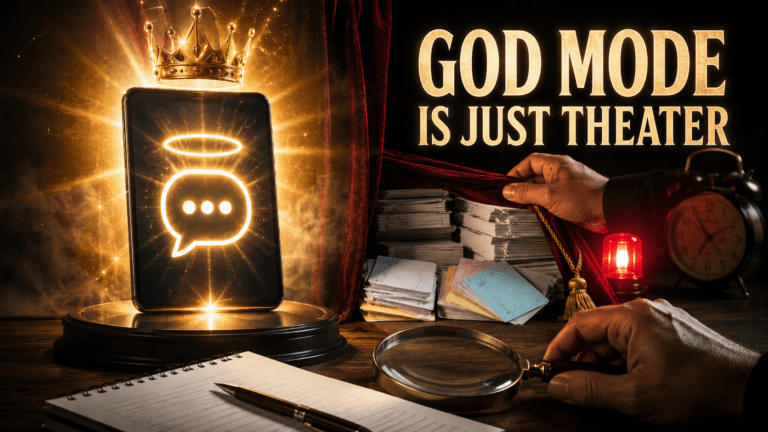 Featured image showing a glowing smartphone crowned like royalty, with a halo and bright golden light, while a hand pulls back a red velvet curtain to reveal stacks of ordinary papers behind it. A magnifying glass, notebook, pen, red warning light, and alarm clock sit on the desk. Large text reads: “GOD MODE IS JUST THEATER.”